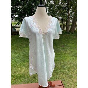 Vintage Sara Beth Nightgown Lace Trim Embroidered Floral Design Light Blue L